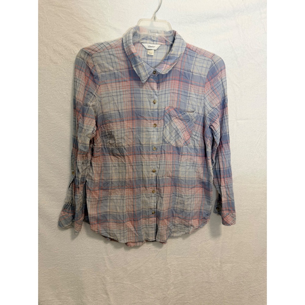 CJ Banks Womens X Blue Pink Plaid Cotton Button Down Shirt Long Sleeve Pocket
